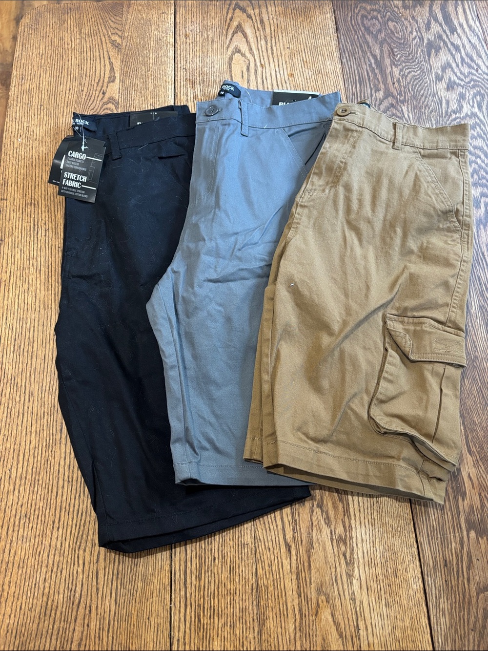 3 Pair Bundle Men's Cargo Stretch Shorts - Black, Gray, Tan